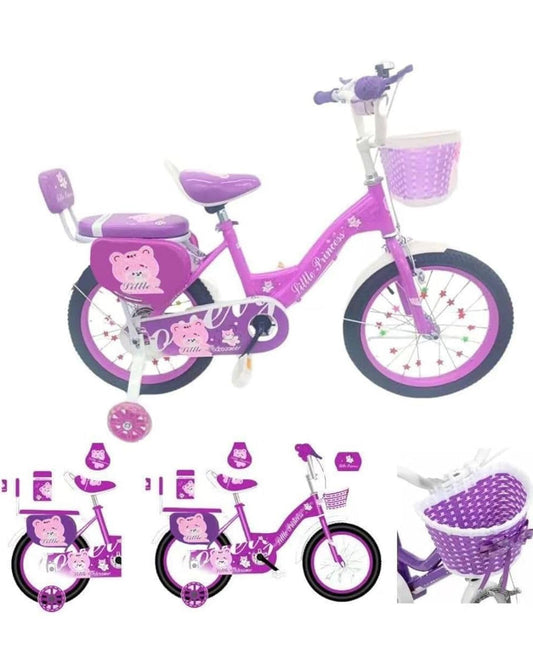 Girls Bike 16" Purple with Stabilisers, Basket & Bell — Adjustable Seat & Handlebars