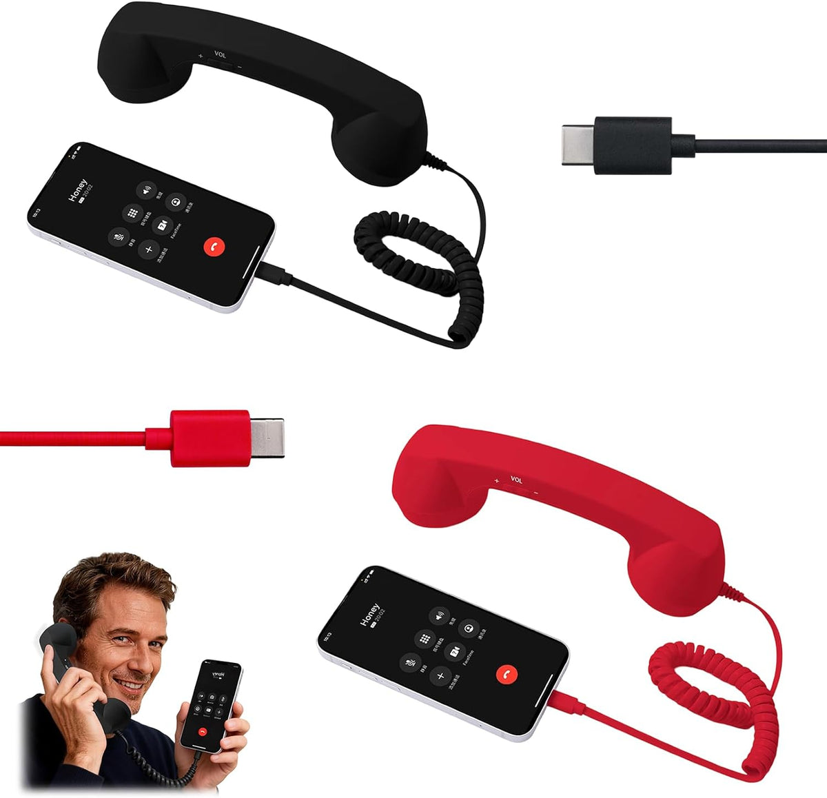 Retro Phone Handset for iPhone & Android, 2026 New Type-C Wired Receiver with Microphone & Speaker (2Pcs(Black and Red))