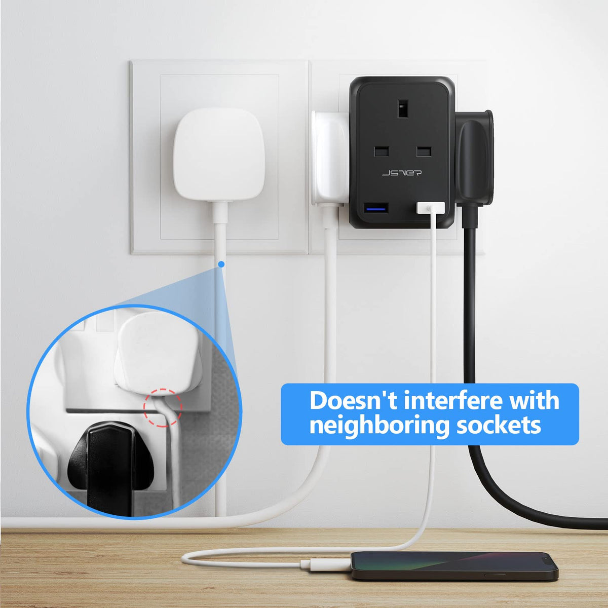 Double Plug Adaptor with 2 USB, JSVER Mini 2 Way Plugs Extension Sockets with USB Ports(5V/2.4A) Wall Charger Adapter, 13A UK 3 Pin Power Socket for Home, Office, Kitchen,White