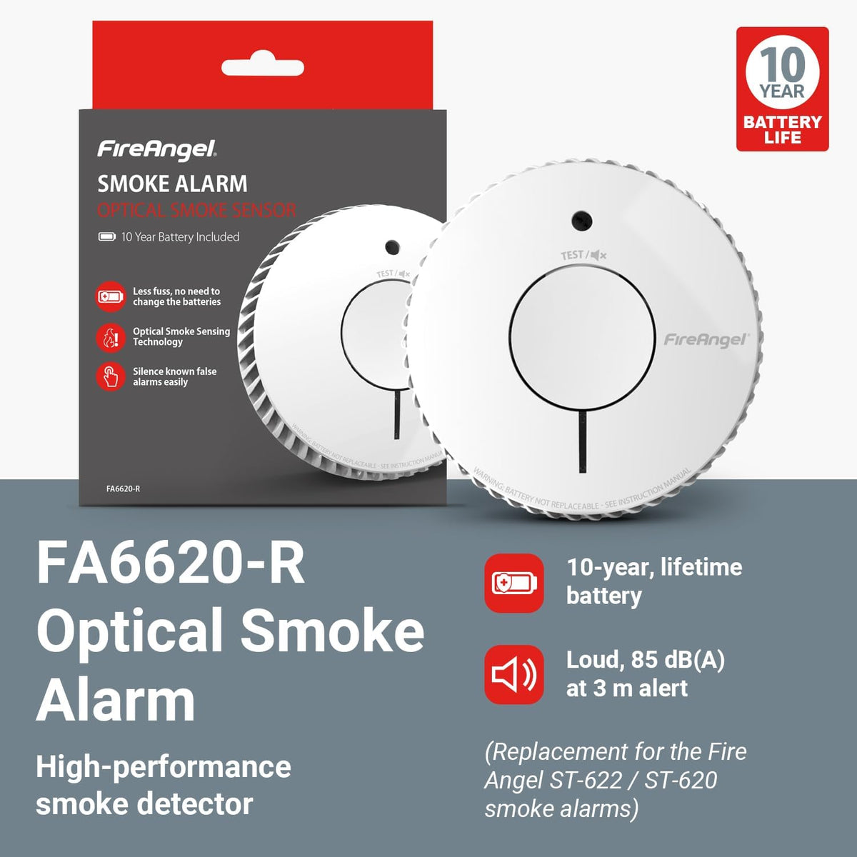 FireAngel FA6620 Optical, Battery Powered Fire/Smoke Alarms for Home