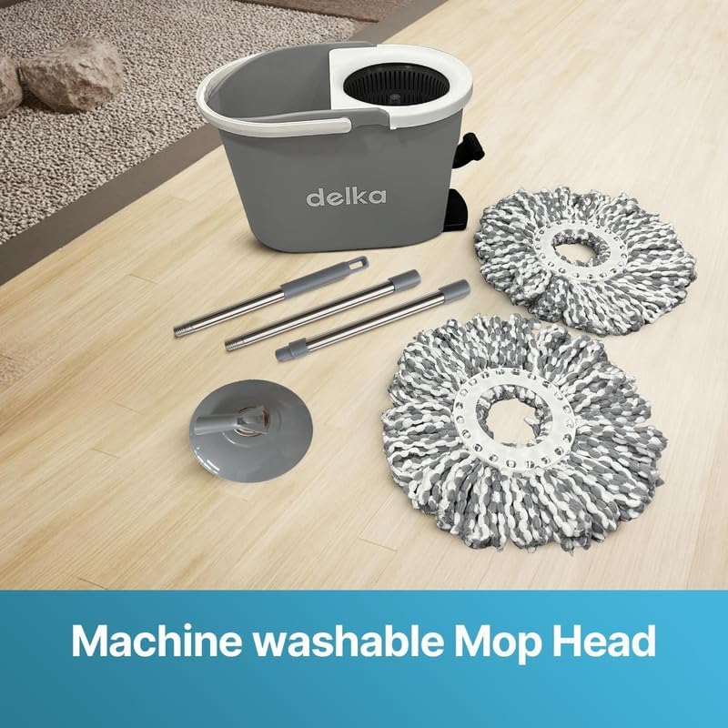 delka Spin Mop and Bucket Set – Easy Foot Pedal Water Removal, 360° Swivel Motion, Includes 2 Microfibre Mop Heads, All-Surface Cleaning, Splash Guard for Clean Mopping (Spin Mop Grey and White)