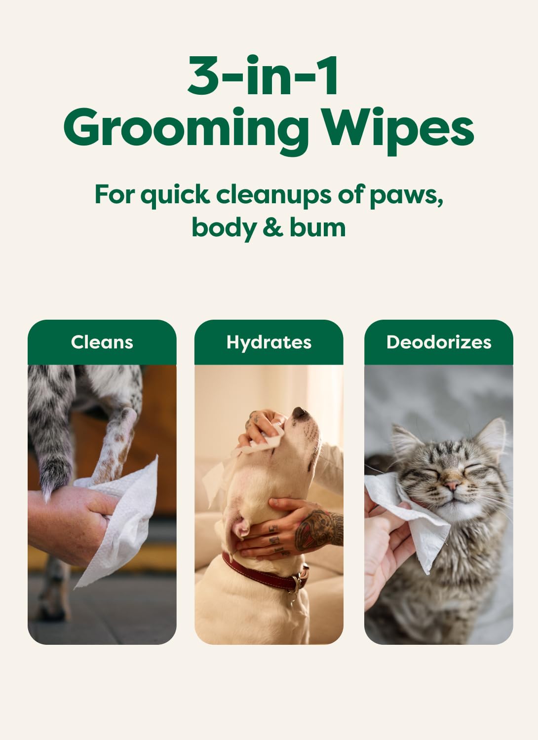 Earth Rated Pet Wipes for Dogs, Hypoallergenic, Cleaning and Hydrating, for Grooming Paws, Body and Bums, Unscented, 100 Count