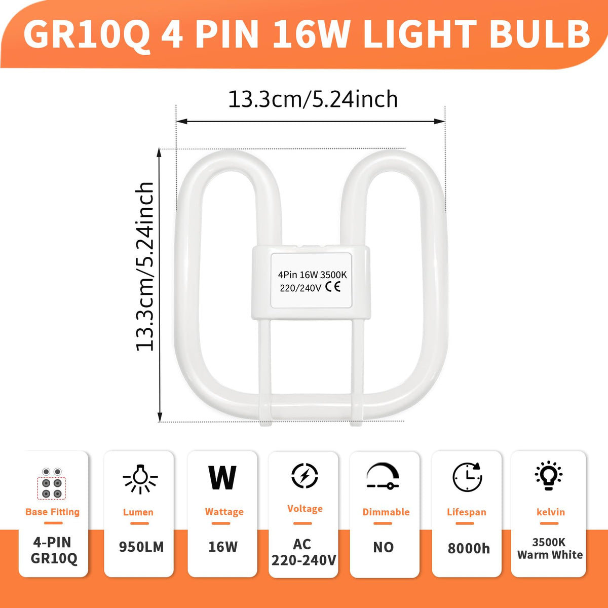 Akynite 16W 2D Square 2-Pin GR8 Cap Daylight White 6500k Compact Fluorescent Lamp, AC 230V, CFL 2 Pin Light Bulb, not dimmable, GR8 DD Flat Butterfly Bulb for Flush Ceiling Light, 1 Pack