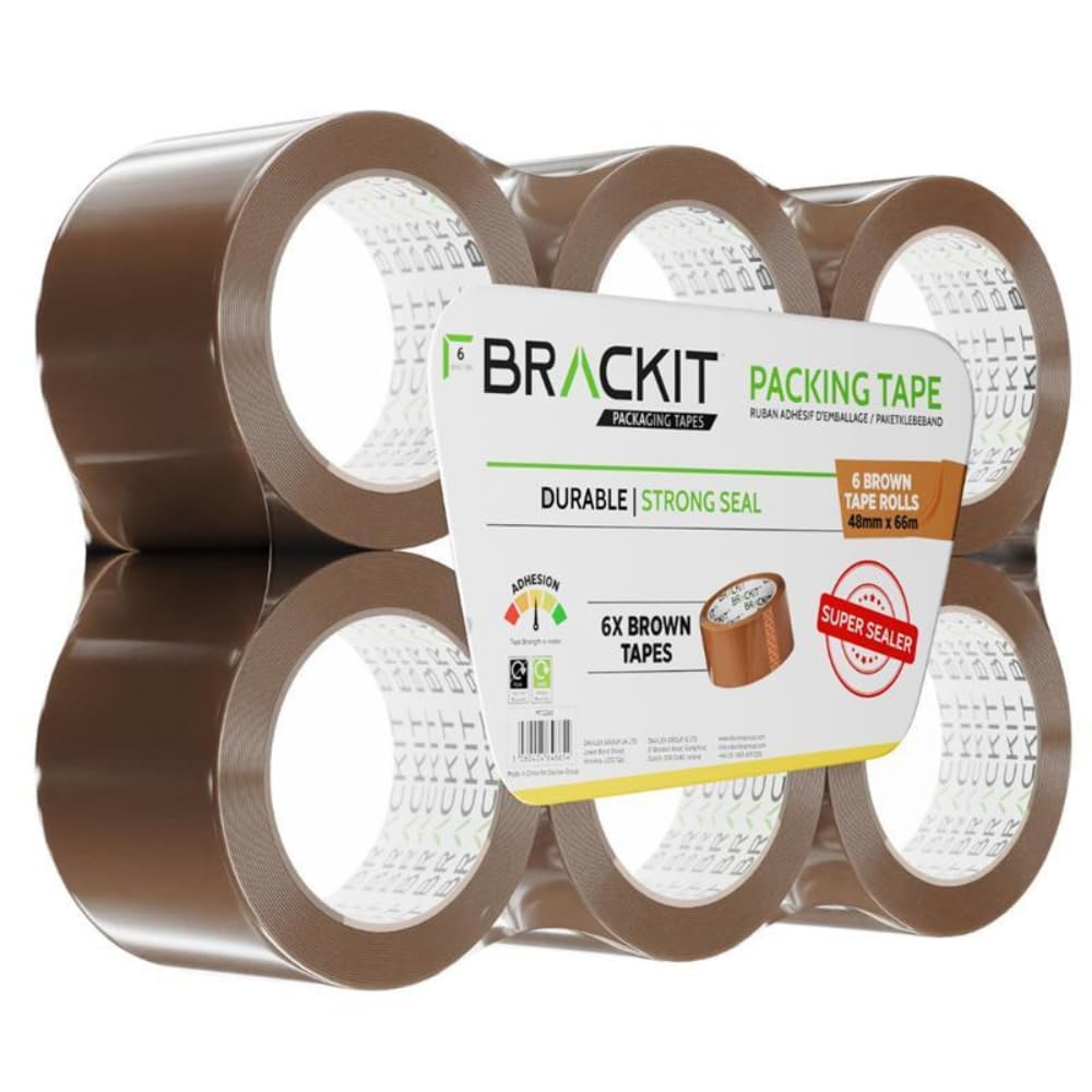 brackit Packing Tape Brown 48mm x 66m, Bulk Pack of 6 Rolls