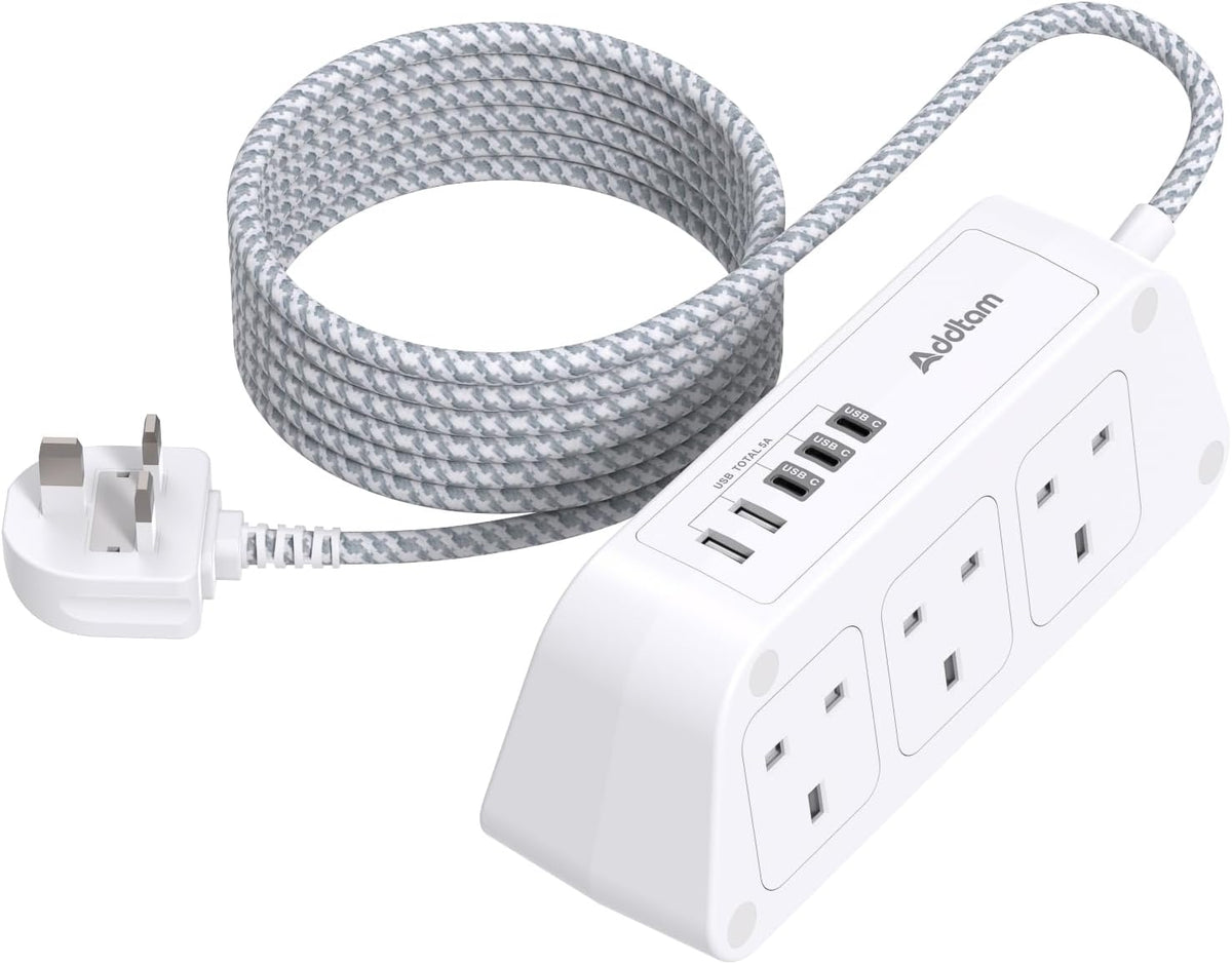 Addtam Extension Lead with USB Slots, 6 Way Outlets 5 USB(5A, 3USB- C Port)