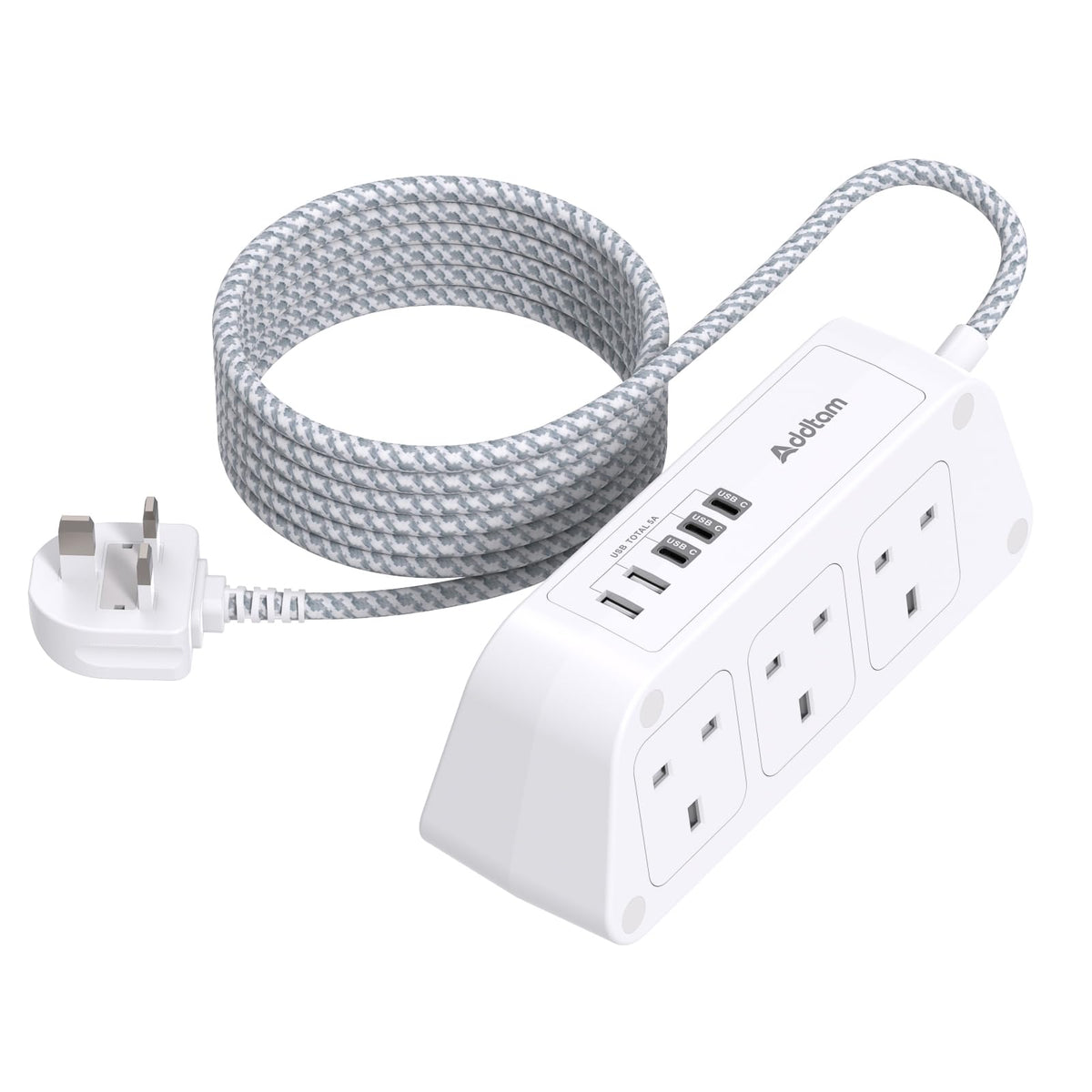 Addtam Extension Lead with USB Slots, 6 Way Outlets 5 USB(5A, 3USB- C Port)