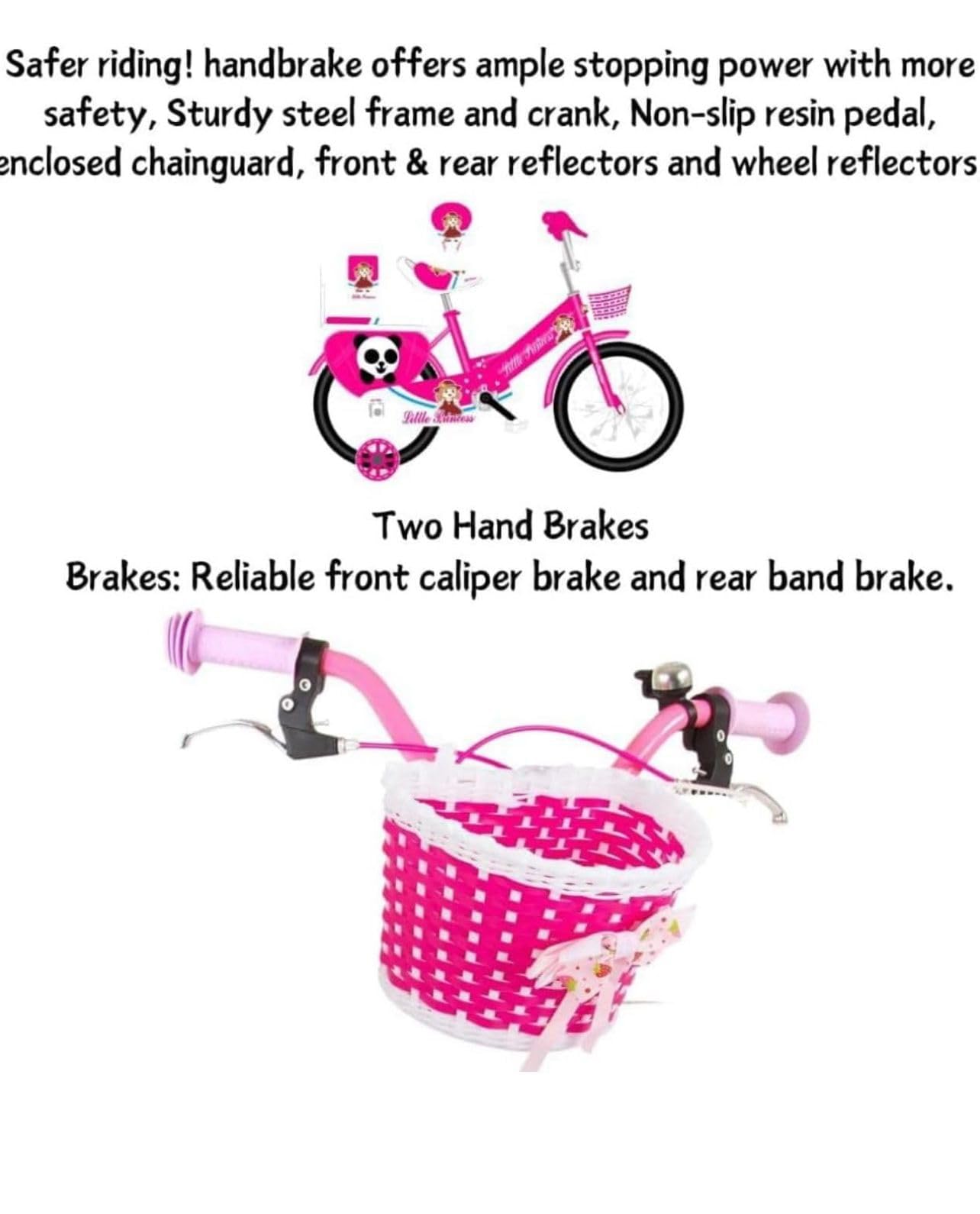 Pink Girls Bike 16" with Stabilisers, Basket & Bell — Adjustable Seat & Handlebars