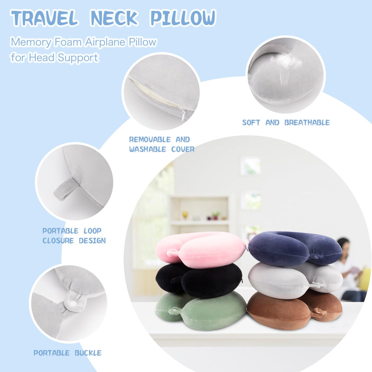 WENGX Travel Neck Pillow With Storage Bag Memory Foam Head Support Flight Pillows Cushion for Airplane Train Car Office Travel Essential for a Long Hauls Sleeping Rest(Pale Pink)