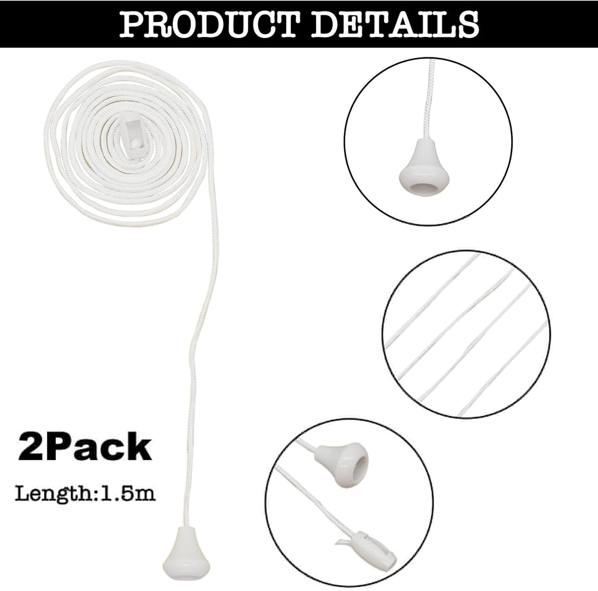 2pcs Replacement Nylon Pull Cord Light Switch Bathroom Light Pull Cord-1.5m