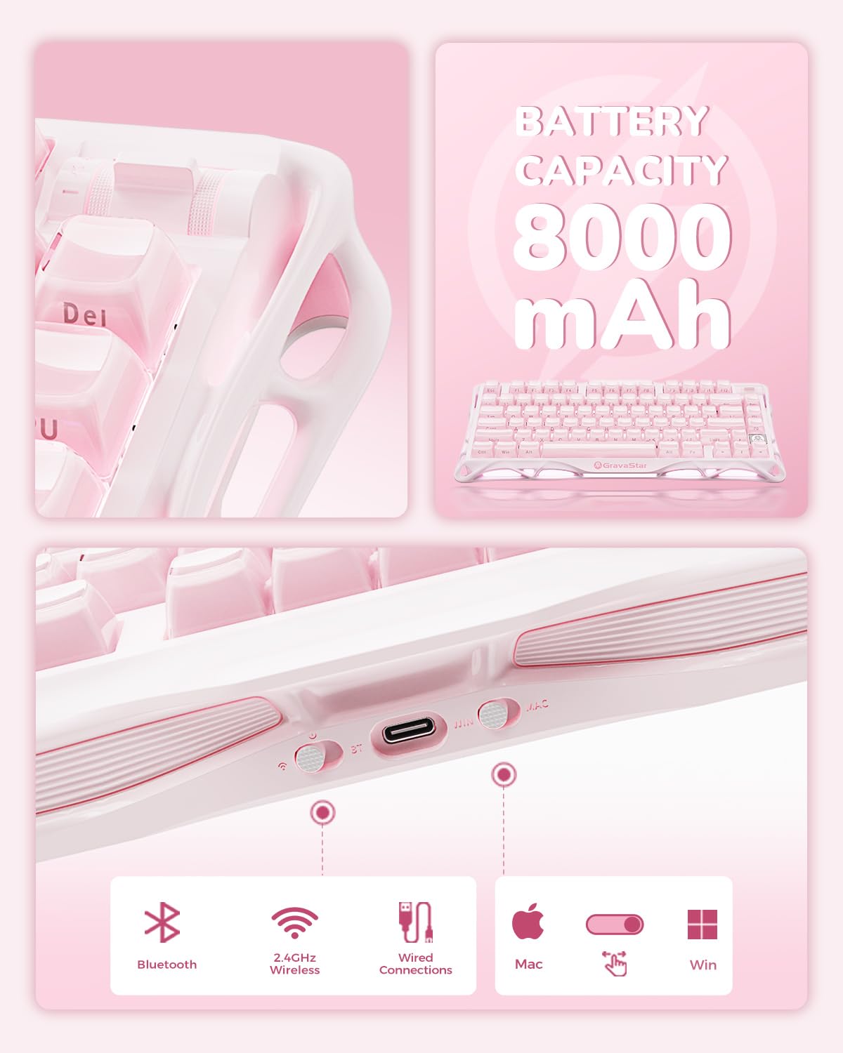 GravaStar Mercury K1 Mechanical Keyboard with Aluminium Frame, 75% Wireless Gaming Keyboard, Hot Swap Custom Keyboard with Button, Gasket, RGB Tri-Mode Keyboard, PBT Keycaps, 8000 mAh White