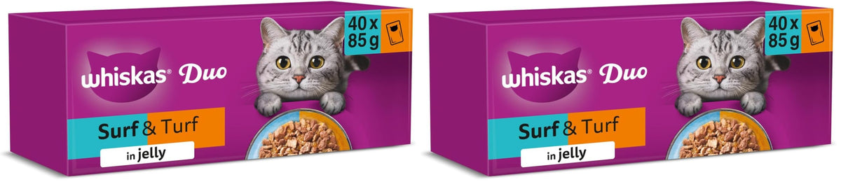 WHISKAS DUO Adult Wet Cat Food in Jelly 12x85g Surf & Turf (Pack of 4)