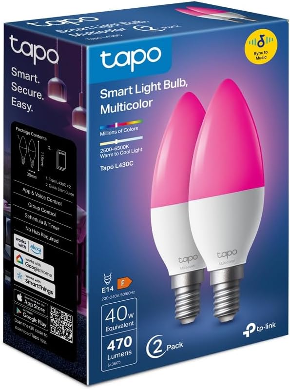 Tapo L430C(2-Pack) E14 Smart Bulb Candle Multicolour LED Light Bulb