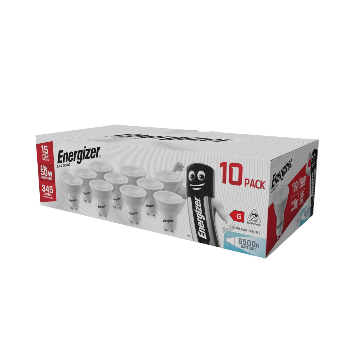 Energizer GU10 LED Bulbs Daylight White - 6500K 50W Halogen Spotlight Equivalent – 345LM - Non Dimmable. Pack of 5