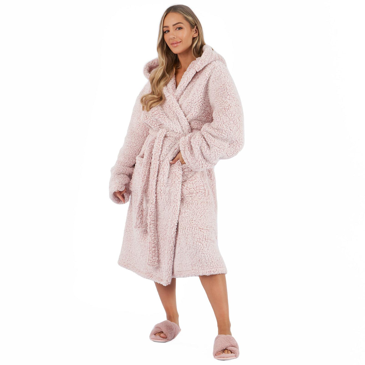 OHS Teddy Marl Fleece Soft Adults Dressing Gown Unisex Full-Length Robe