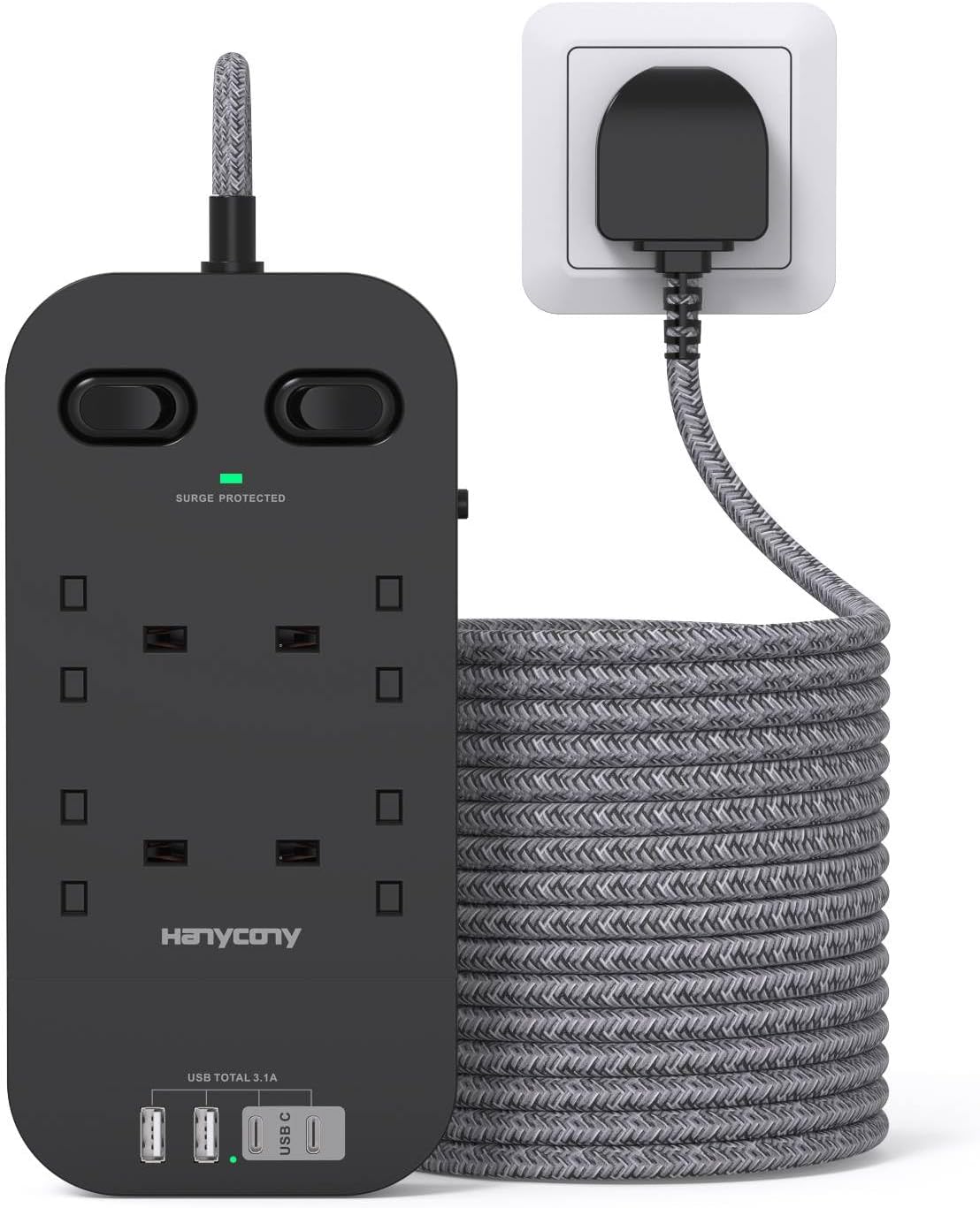 5M Extension Lead Surge Protected, 4 Way Outlets with 2 USB C & 2 USB A