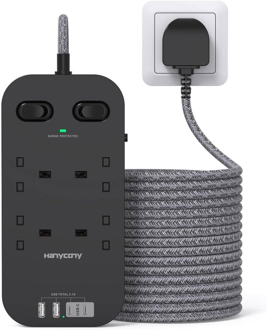 5M Extension Lead Surge Protected, 4 Way Outlets with 2 USB C & 2 USB A