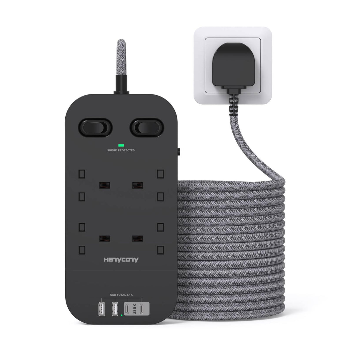 5M Extension Lead Surge Protected, 4 Way Outlets with 2 USB C & 2 USB A