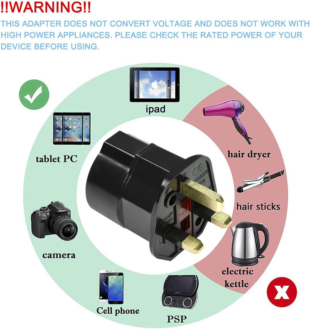 VGUARD European to UK Plug Adapter 2 Pack BS8546 Certified Travel Adapter 2-Pin to 3-Pin, EU Schuko to UK Plug with 13A Fuse for Europe French Spanish German Turkish to UK Socket - Black