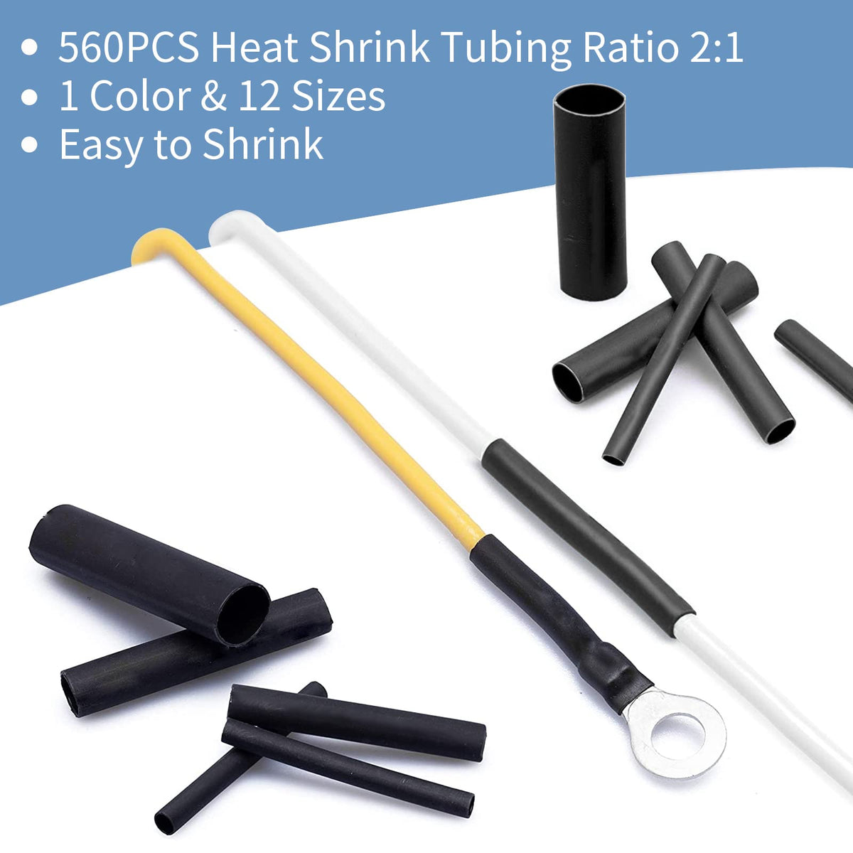 560 Pcs Heat Shrink Tubing Kit Ratio 2:1 Electrical Shrink Tubing Wire Large Wrap Industrial Shrink Tubes Assortment（12 Sizes Black）