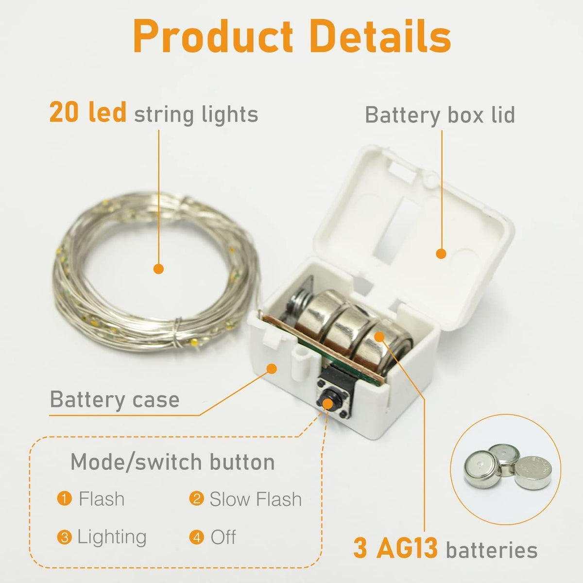 btfarm 12 Pack 3 Modes Fairy Lights Battery Operated, 2M 20LED String Light