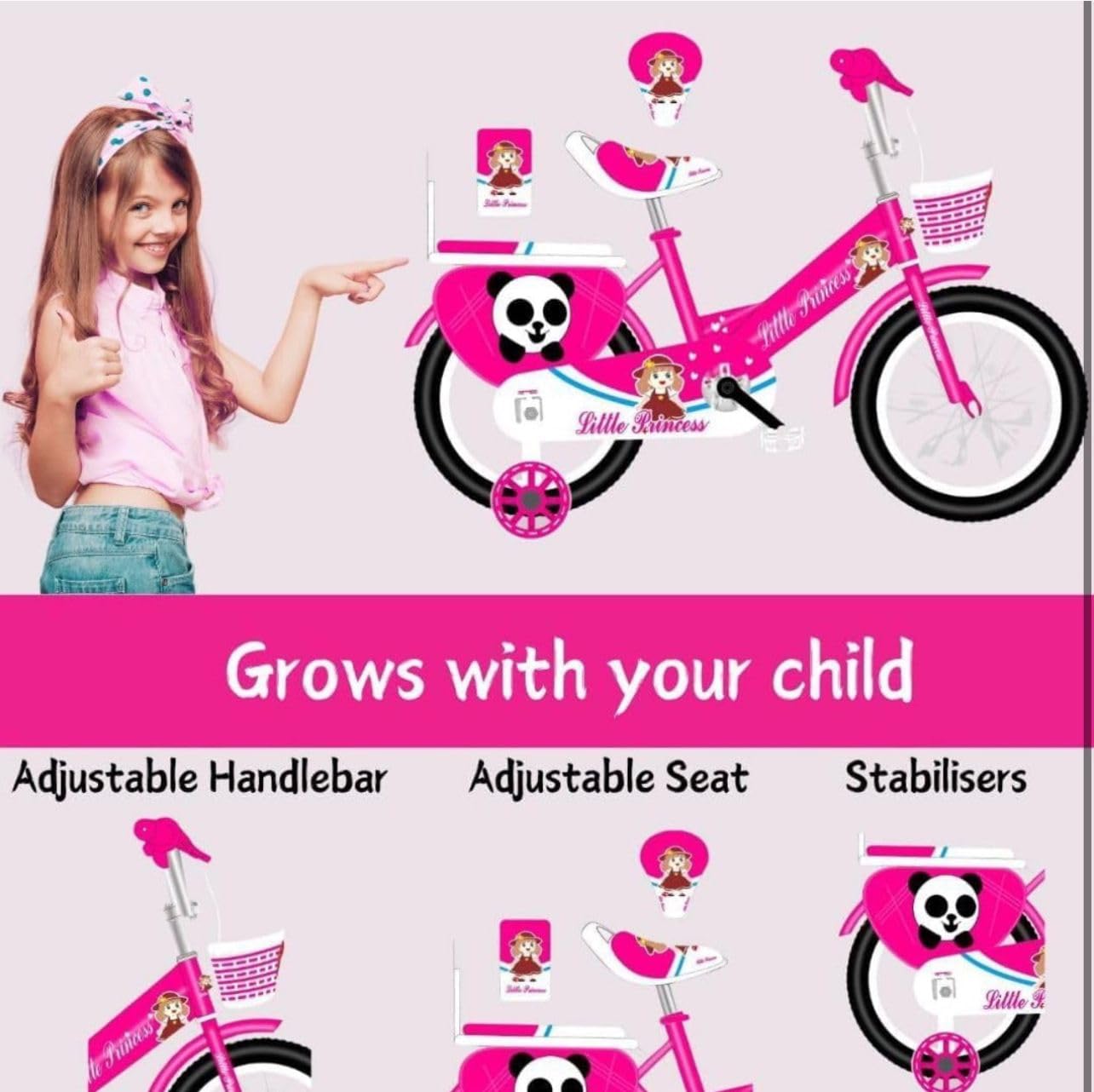 Pink Girls Bike 16" with Stabilisers, Basket & Bell — Adjustable Seat & Handlebars