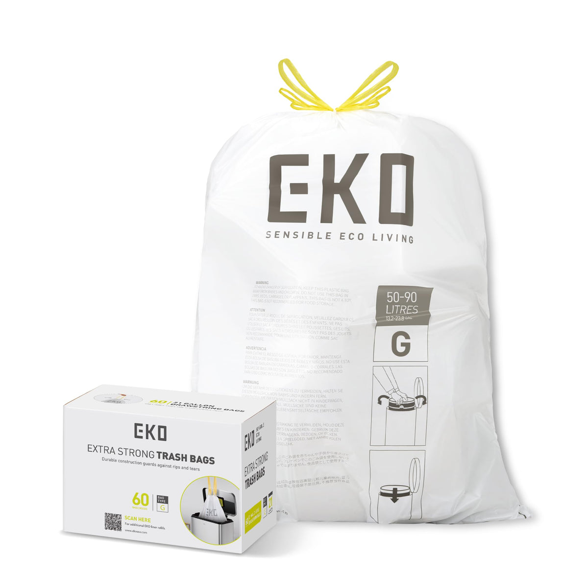 EKO Bin Bags, Kitchen Bin Liners, Drawstring, 40-60 Litre, 12 Count, Code F