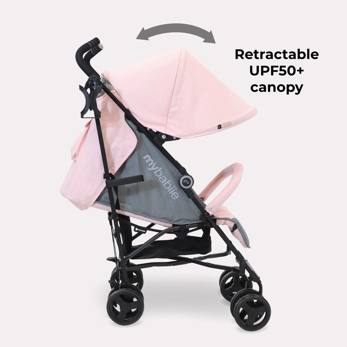 My Babiie MB02 Plus Stroller - from Birth to 4 Years (22kg), Lightweight & Compact Umbrella Fold, Travel Buggy for Toddlers, Pushchair Includes Cup Holder and Rain Cover - Pink & Grey