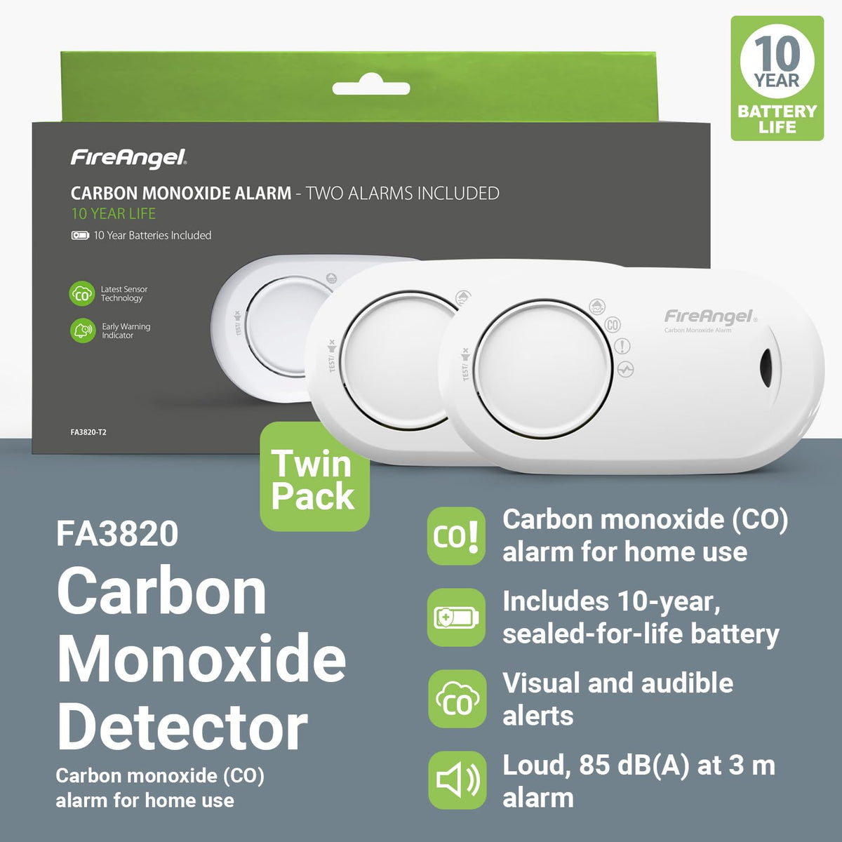 FireAngel FA3820 Portable Carbon Monoxide Detector/Alarm, 10 Year Battery