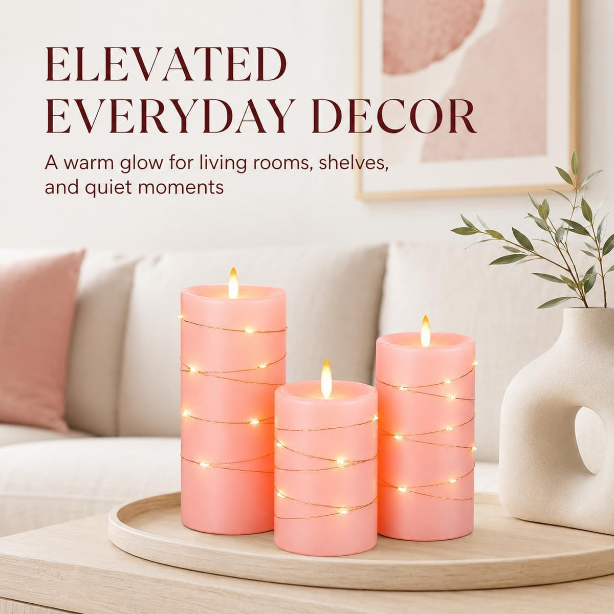 Da by 3 Pack Ivory Flameless LED Candles with Fairy Lights, Realistic Moving Flame Paraffin Wax Candles, Remote Control, Soft Warm Light, 8cm D x 12.5/14.5/16.5cm H, Indoor Wedding Home Decor