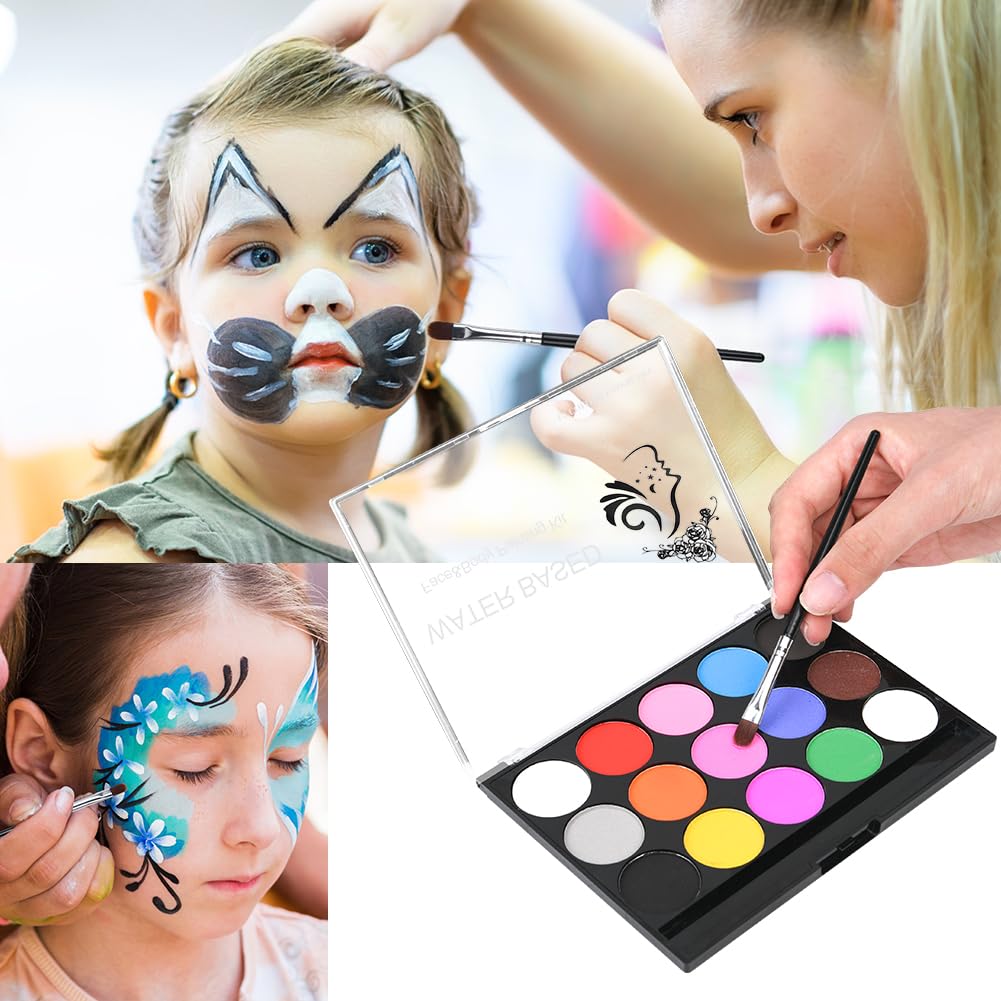 URAQT Face Paint Kit, 15 Color Face & 15 Color Neon Ultraviolet Painting with 2 Brushes 80 Stencils, Washable Safe Body Paint for Adults Kids Halloween Party Carnival, Makeup Paint Non-Toxic to Use