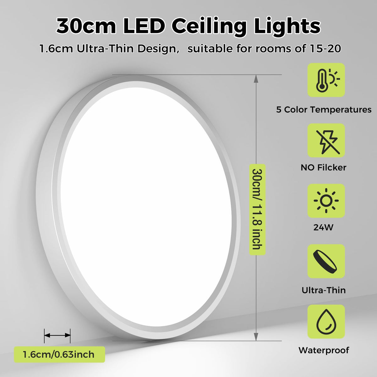 hepside 2 Pack Bathroom Ceiling Light 30cm, 3000K/3500K/4000K/5000K/6500K 5CCT LED Ceiling Lights, 24W, Modern, Waterproof, Round Flush Mount for Bathroom, Kitchen, Bedroom, Hallway