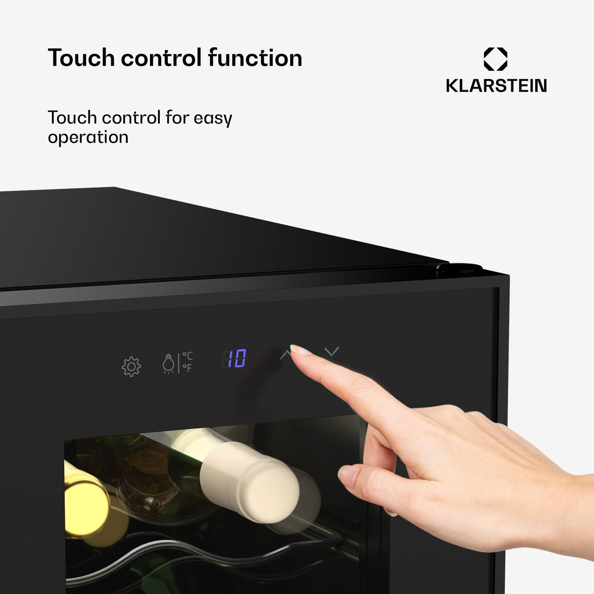 KLARSTEIN Shiraz Wine Cooler Black – 8 Bottles, 1 Zone | Freestanding Wine Fridge with Glass Door, Quiet, 5–18 °C, LED, Stainless Steel Frame