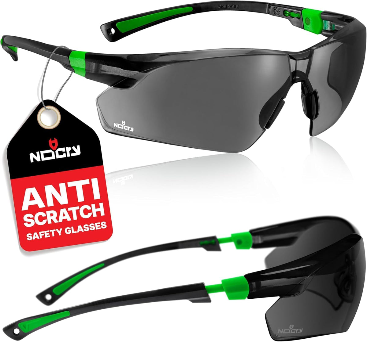 NoCry Clear Safety Glasses for Work with Anti Fog Scratch Resistant Wrap-Around Lenses and Non-Slip Grips, UV Protection. Adjustable Eye Protection Cycling and Squash Glasses with Black & Green Frames