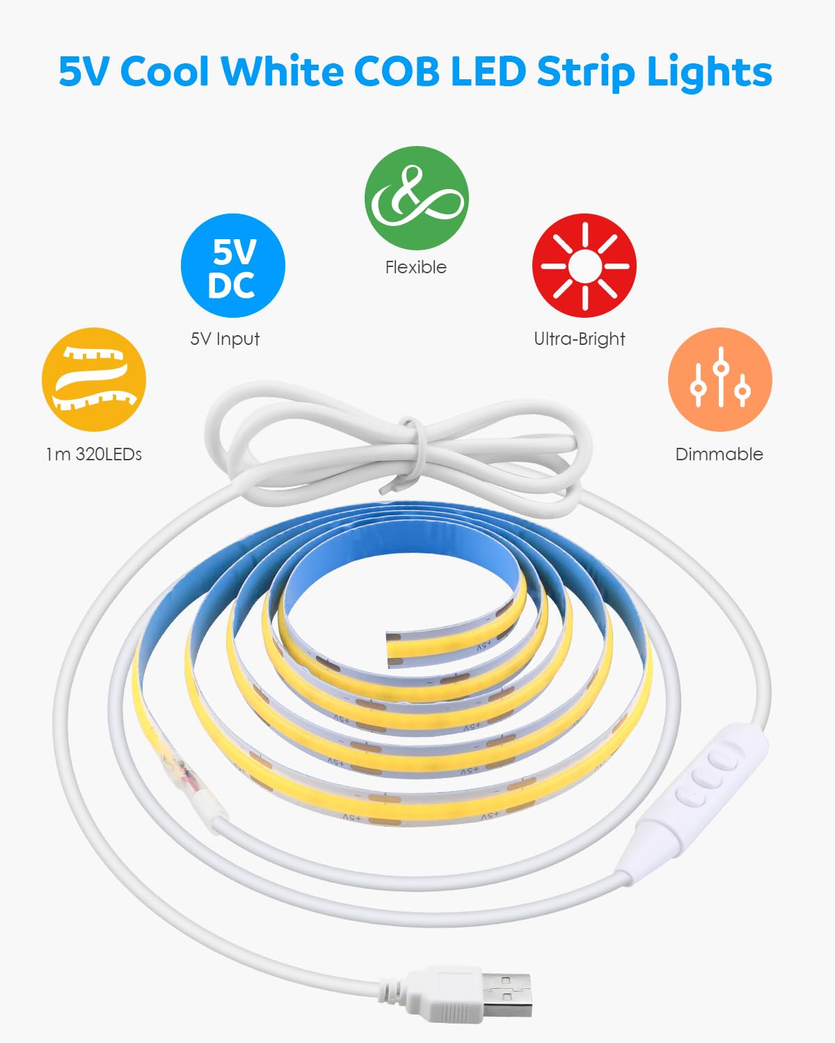 Aclorol 3M COB LED Strip Light Warm White 3000K 5V USB Flexible LED Light Strip 8mm Width Dimmable CRI85+ Dotless Tape Light High Density 320LEDs/M for Bedroom Kitchen Under Cabinet Home Decor