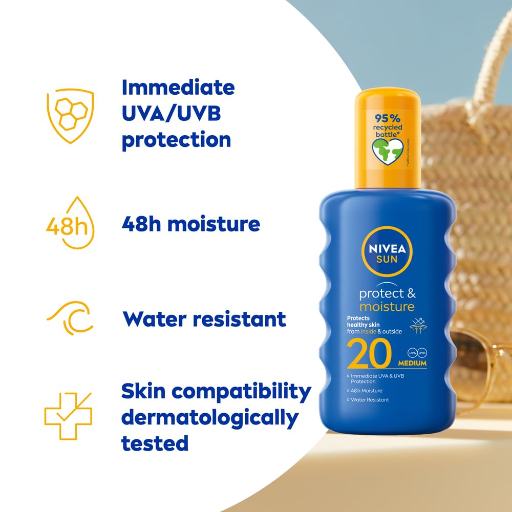 NIVEA SUN Protect & Moisture Sun Spray SPF 50+ (200ml), Moisturising Suncream Spray with SPF 50+, Advanced Sunscreen Providing Immediate, Effective UVA + UVB Protection (Pack of 2)