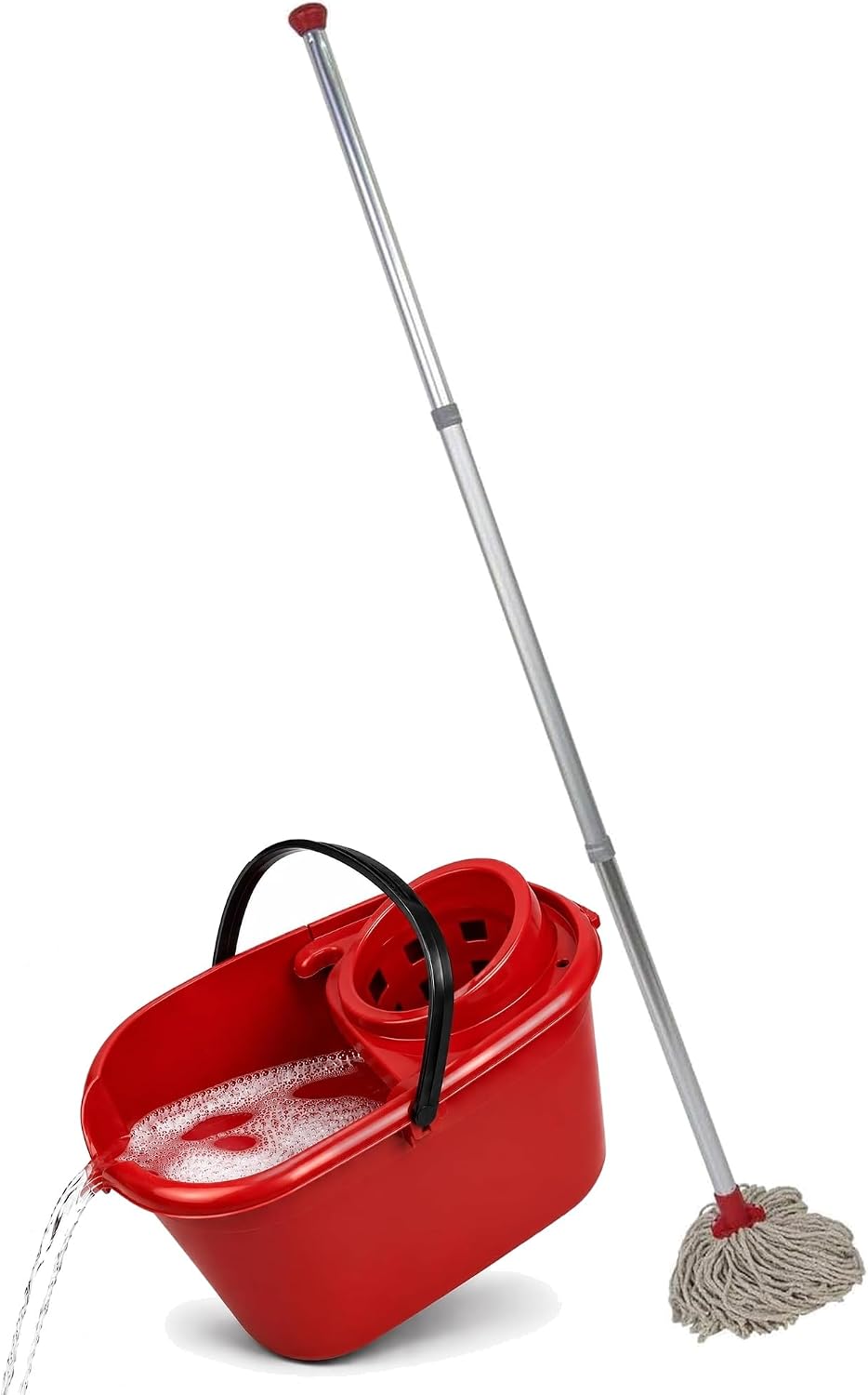 Abbey Professional Mop and Bucket Set Heavy Duty with Wringer and Two Traditional Cotton Mop Heads for Cleaning Floors – Strong Aluminum Mop Handles – Mop Bucket Capacity 12L with Pouring Lip (Red)