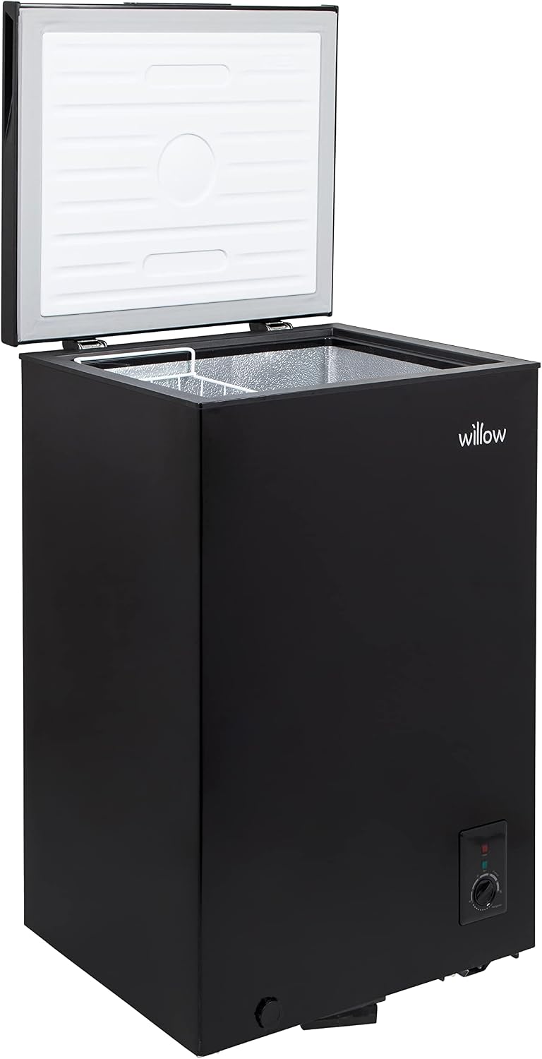 Willow W99CFB Freestanding 99L Chest Freezer with Removable Storage Basket, Suitable for Outbuildings and Garages, 4* Freezer Rating - Black