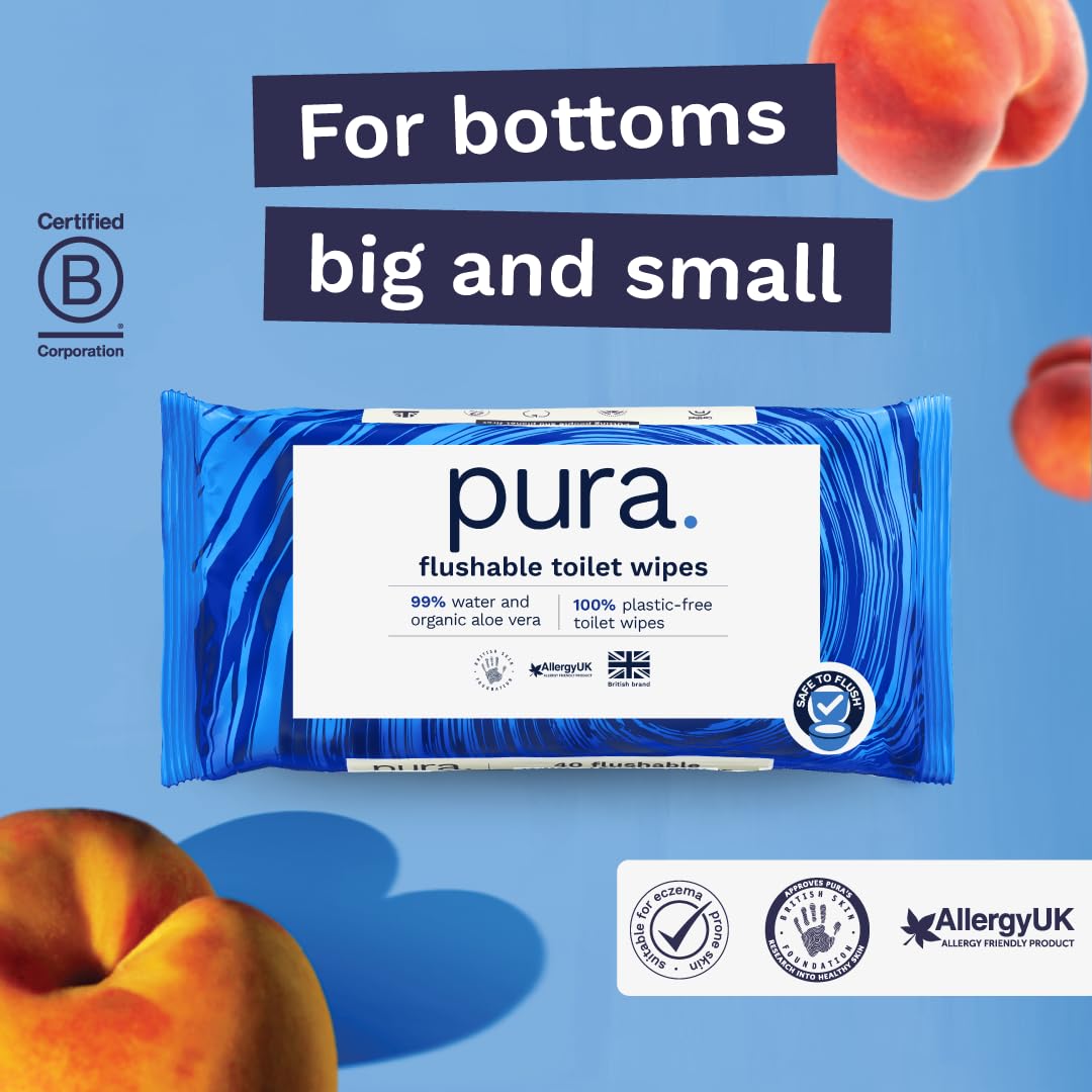Pura Flushable Moist Toilet Tissue Wipes, 1 Pack of 40 Wet Wipes, 100% Plastic Free, 99% Water Clean Washlets, Certified ‘Fine to Flush’ Biodegradable, Compostable, Vegan, Gentle Clean