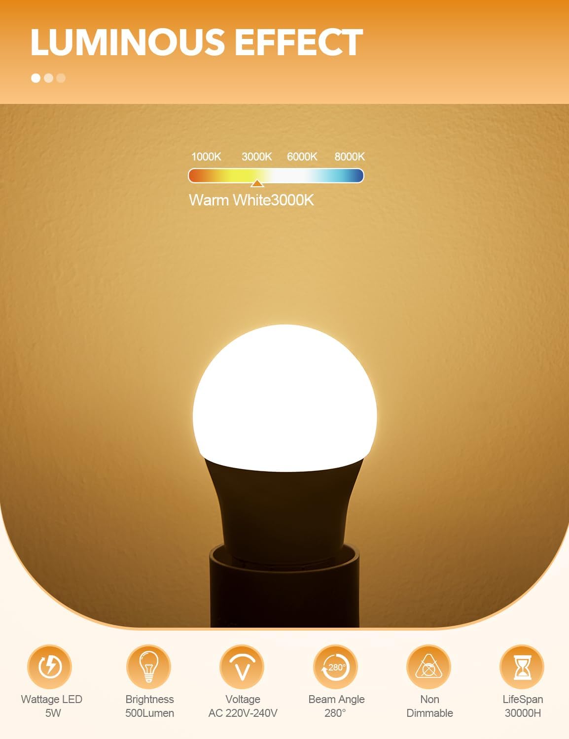 E27 Screw Bulbs, Warm White 3000K, 5W(40W Equivalent), 12 Pack