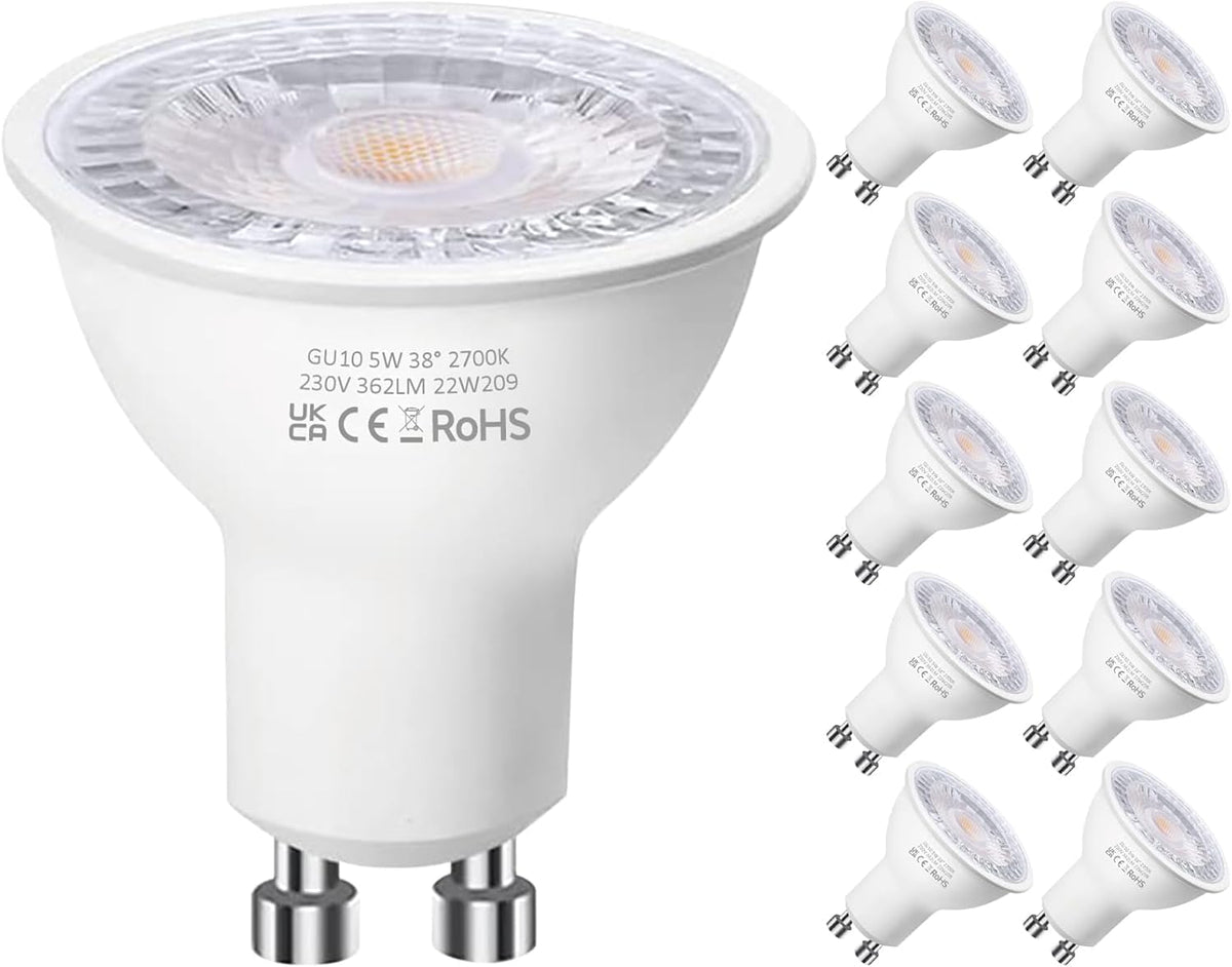 Levidon GU10 LED Bulbs, Warm White 2700K, 5W LED GU10 Spotlight Bulb, 50W Halogen Spotlight Bulbs, 220-240V 362LM 38 Degree Narrow Beam Angle Energy Saving Non-dimmable Pack of 10