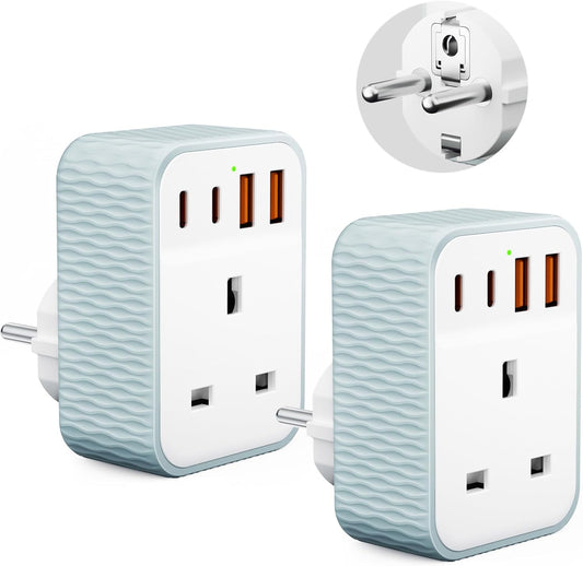 2 Pack UK to European Plug Adapter, EU Schuko Travel Adaptor with 4 U-S-B Ports(2 USB C & 2 USB A), Travel Adaptors UK to EU for Germany Spain France Poland Netherlands Iceland(Type E/F)
