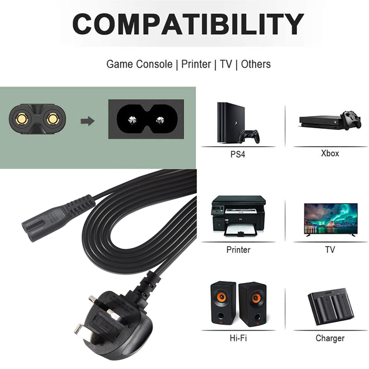 power 5M UK 3PIN Plug to IEC C7 Figure 8 Replacement Mains Cable Compatible with PS5, Xbox Series X, tv, Samsung, LG, Sony
