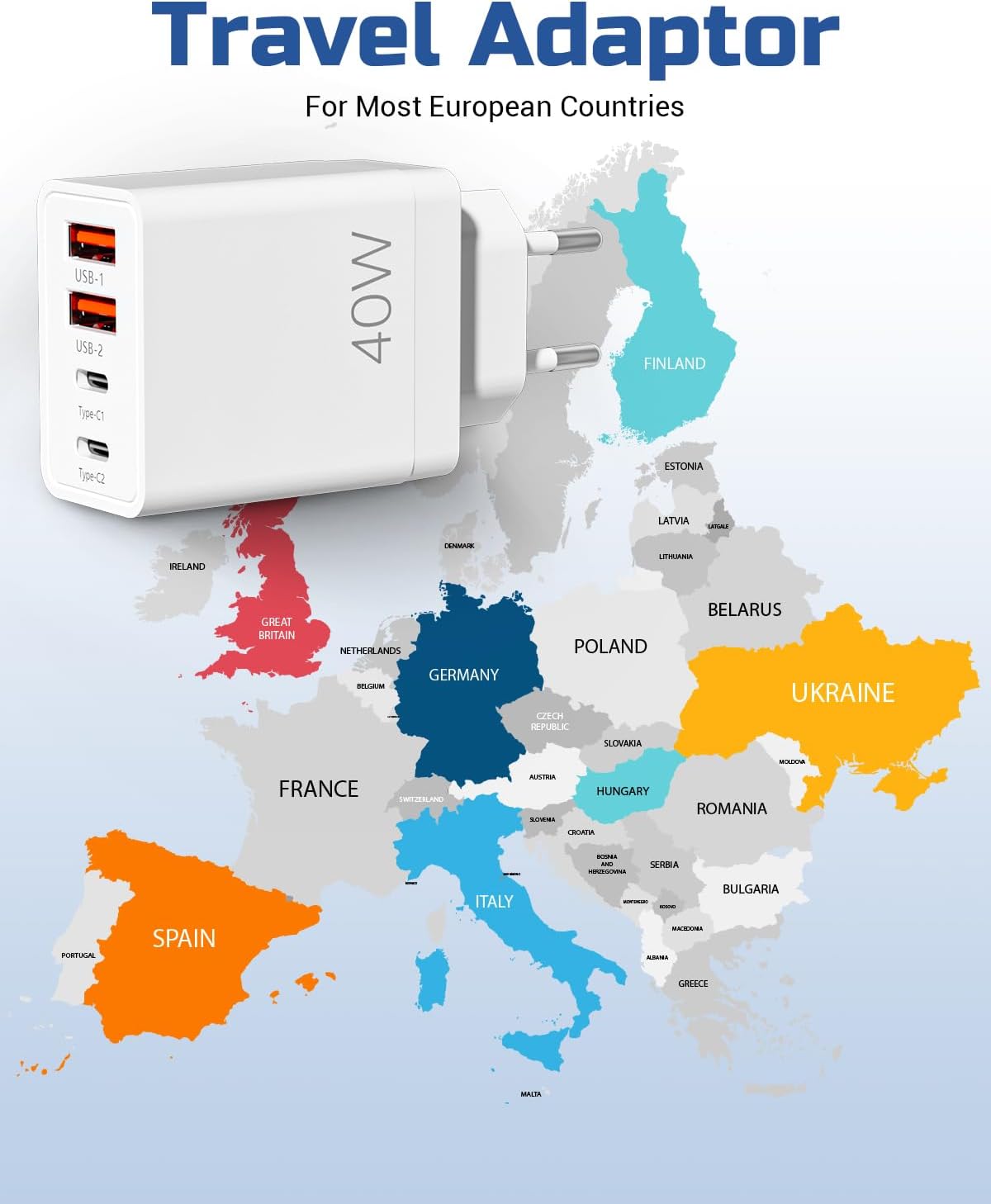 40W EU Travel Charger, European Plug Adaptor with 2 USB C Ports and 2 USB A Ports, Fast Charging UK to Europe Mains Adaptor for iPhone Samsung Smartphones 2PC