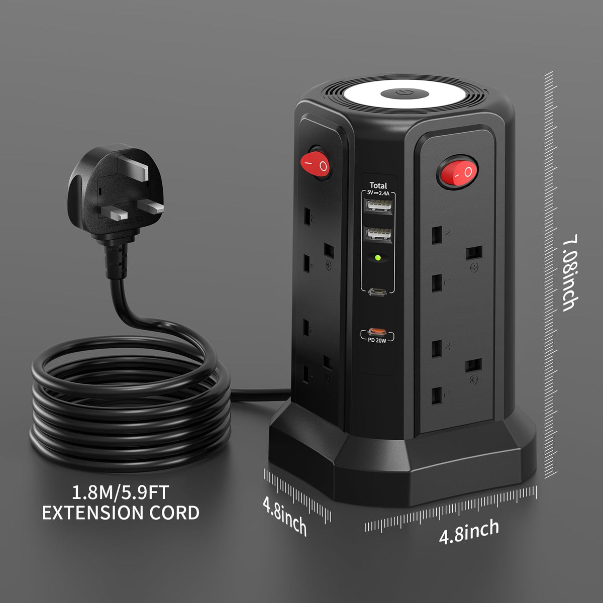HAFINO Tower Extension Lead 3M with USB Slots and Night Light, 4 Switches