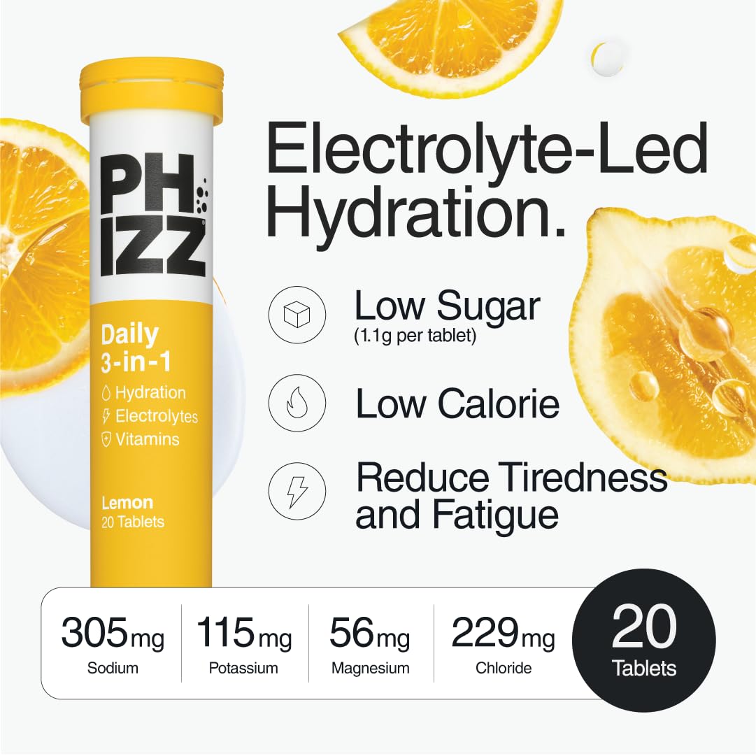 Phizz Electrolytes, Multivitamin & Hydration Tablets - 60 Effervescent Rehydration Electrolyte Tablets - 18 Vitamins & Minerals, Vitamin C, Vegan, Vegetarian & Low Calorie (Lemon, 60 Tablet)