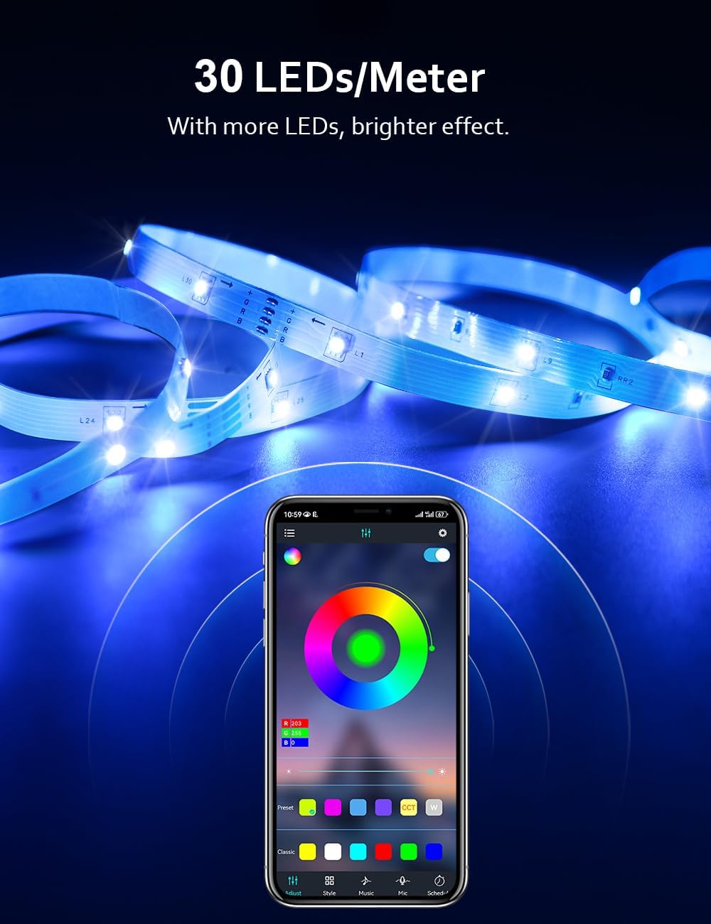 HOVVIDA LED Strip Lights 10M, 1x10M, 30 LEDs/Meter, 24V RGB LED Strip Light, 300 LEDs, APP and Remote Control, Music Mode, Timer Mode, LED for Bedroom, Living Room, Kitchen, Party
