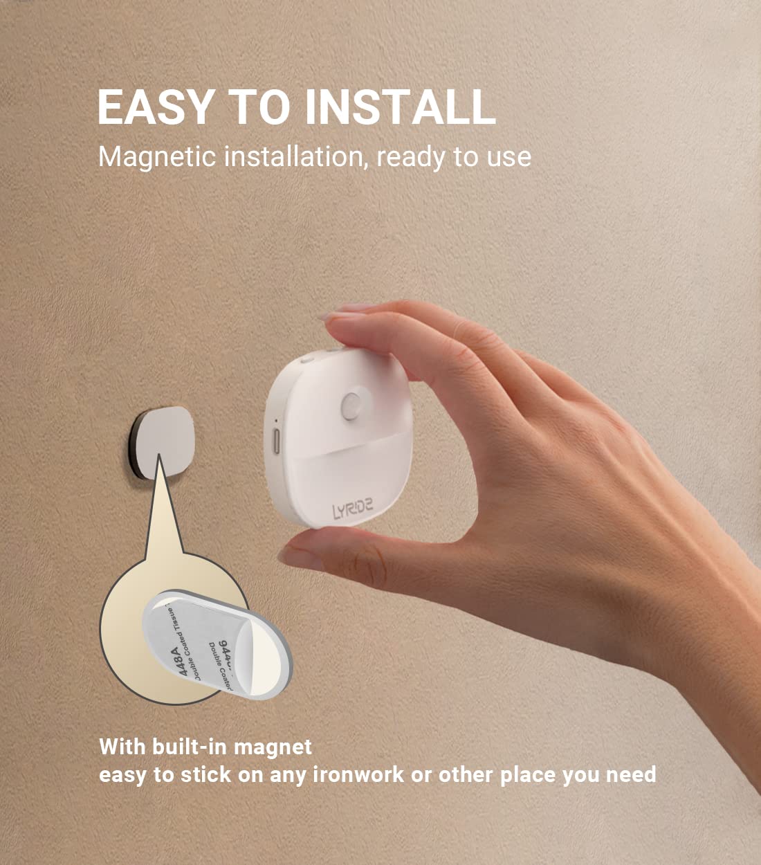 Lyridz Motion Sensor Night Lights (3 Pack), USB Rechargeable Night Light, Motion Sensor Lights Indoor ON/Off/AUTO Modes with Removable Magnetic Stick on Cupboard, Stair, Hallway, Bedroom (Warm White)