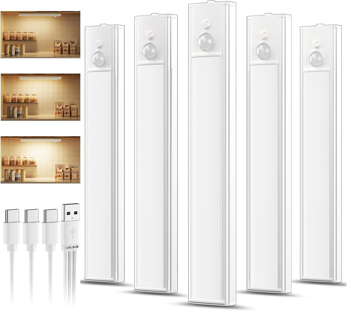 daphomeu 5 Pack Rechargeable Under Cupboard Kitchen Lights, 20CM Dimmable Warm Cabinet Light, LED Motion Sensor Lights Indoor, Magnetic Stick Light for Kitchen Shelf Stairs Wardrobe