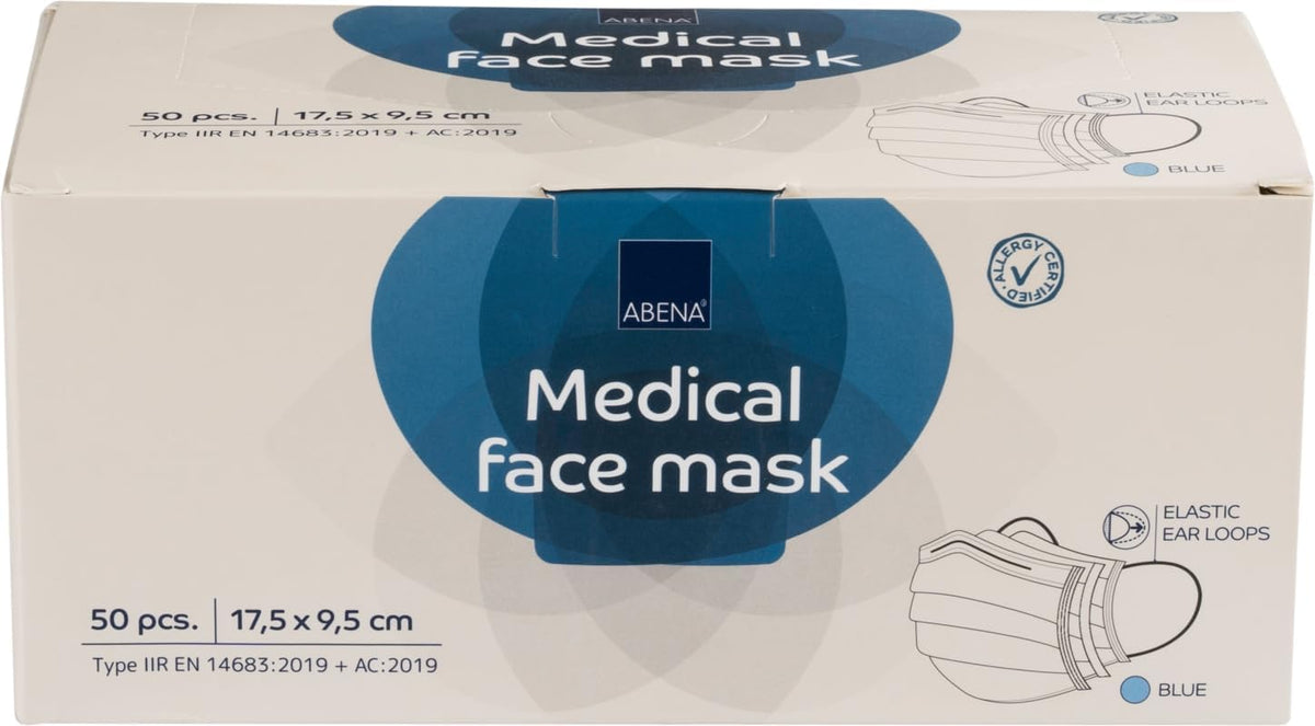 ABENA Type IIR Face Masks, Pack of 50, Blue, Disposable 3 Layer Mask