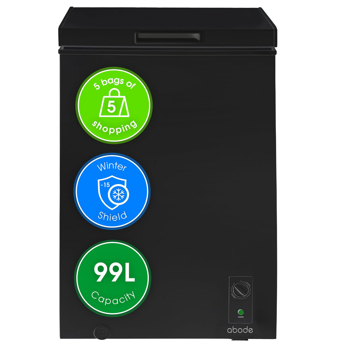 Abode Freestanding White Chest Freezer 99L with Removable Wire Basket & Counter Balance Lid, Adjustable Thermostat, 4 Star Freezer, Suitable for Garages & Outbuildings A99CF0E1W